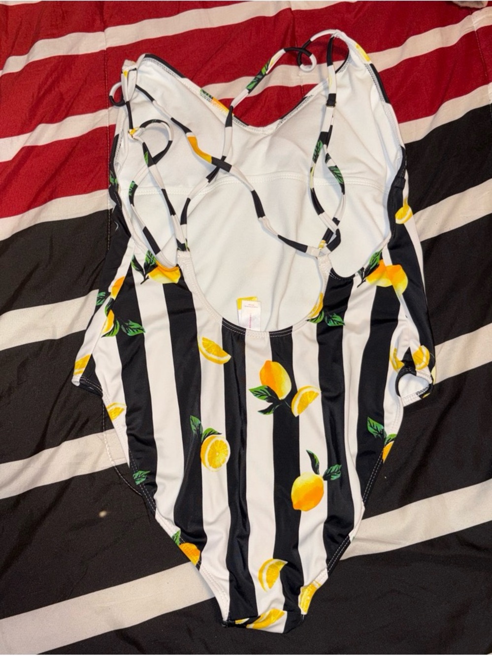 No Boundaries Lemon & Black/White Striped Criss-Cross One Piece Swimsuit- Size L - Picture 2 of 3